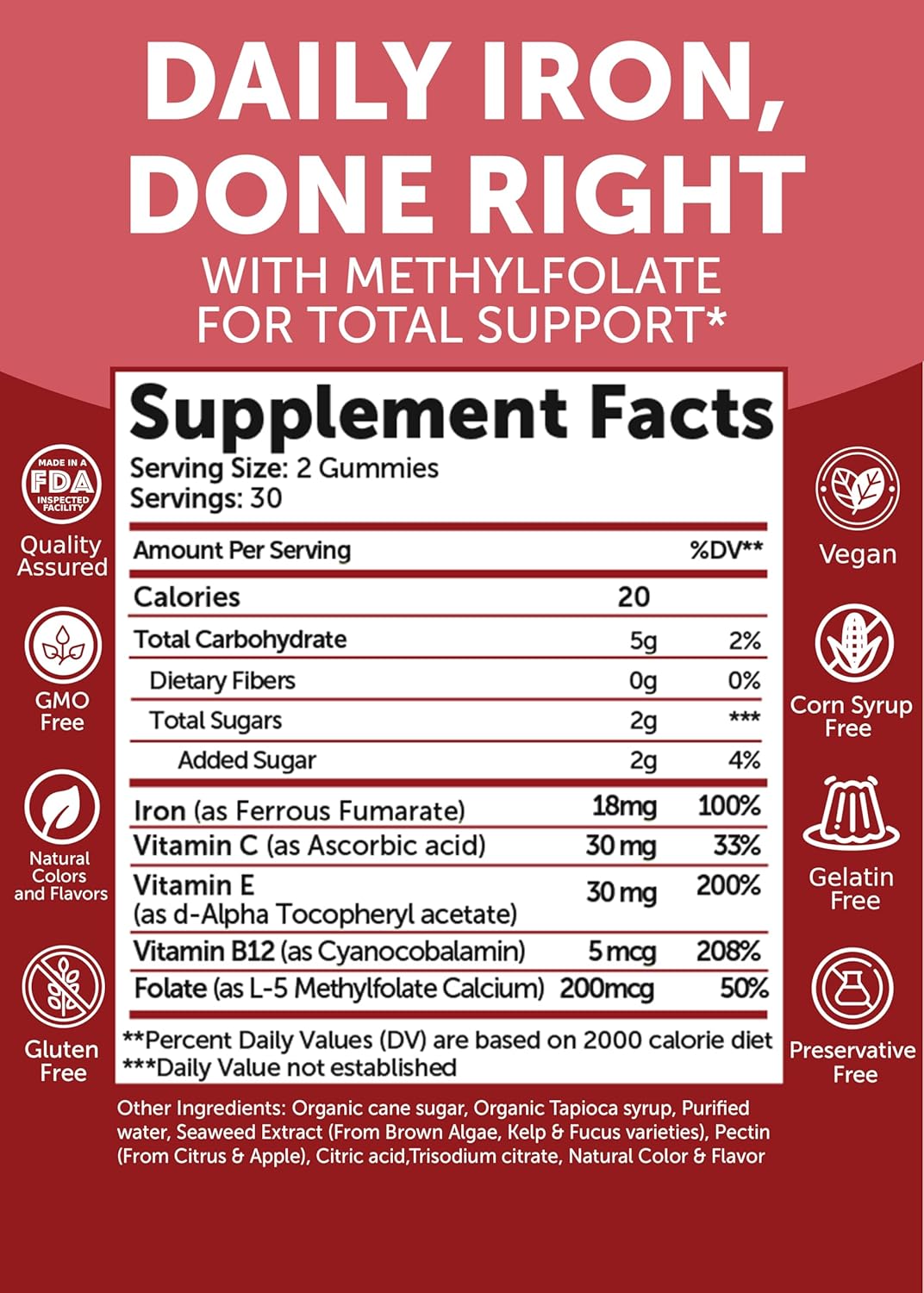 Lunakai Gomas de Hierro Veganas con Vitamina C, B12 y Methylfolato