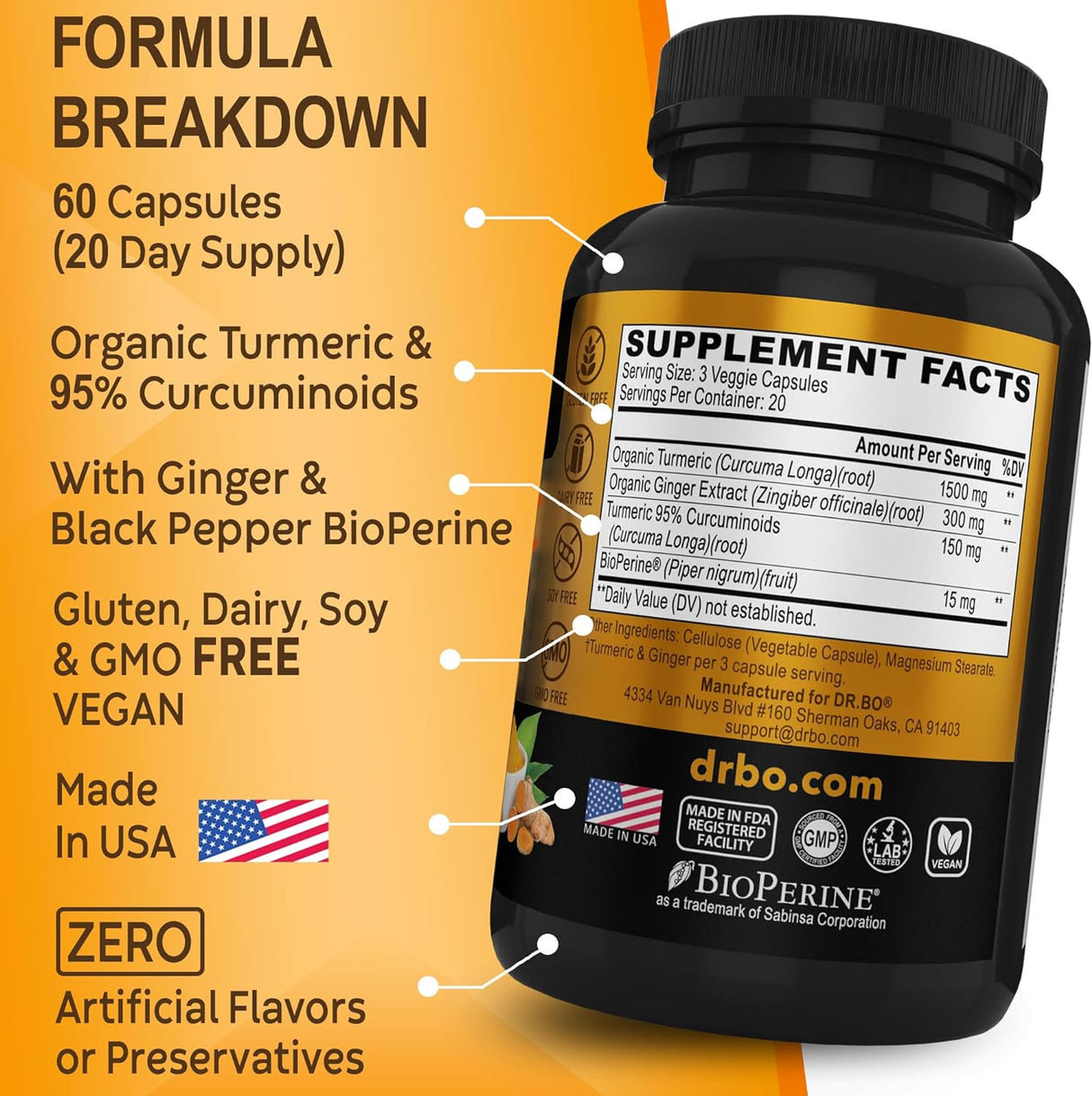 Suplemento de Cúrcuma Jengibre BioPerine para Articulaciones