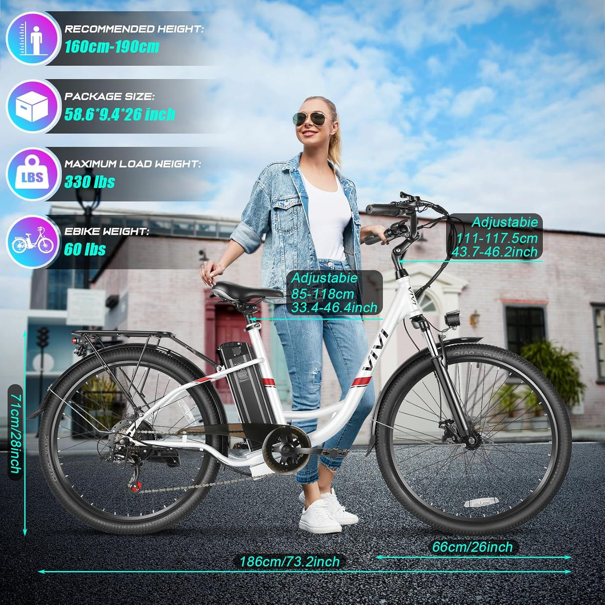 Bicicleta Eléctrica Vivi 750W, Batería Removible, 50 Millas