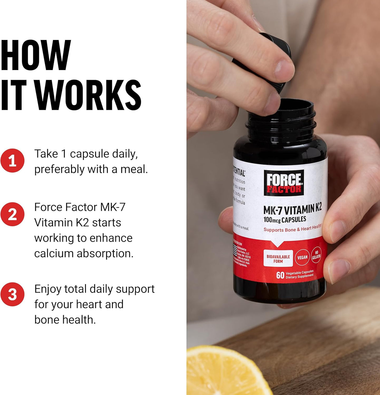 Force Factor MK-7 Vitamina K2 100mcg, Salud Ósea y Corazón, 60 Cápsulas