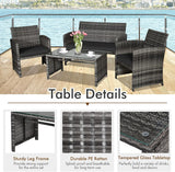 Goplus Juego de muebles de ratán de 4 piezas, sofá de conversación de mimbre para exteriores con cojines resistentes a la intemperie y mesa de vidrio templado para césped, patio, piscina, jardín (negro)
