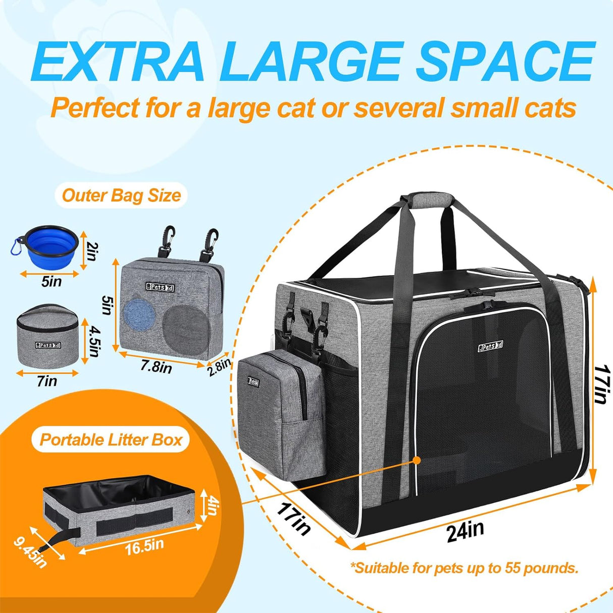 Transportín grande para mascotas Petskd, 24x17x17, 2 gatos