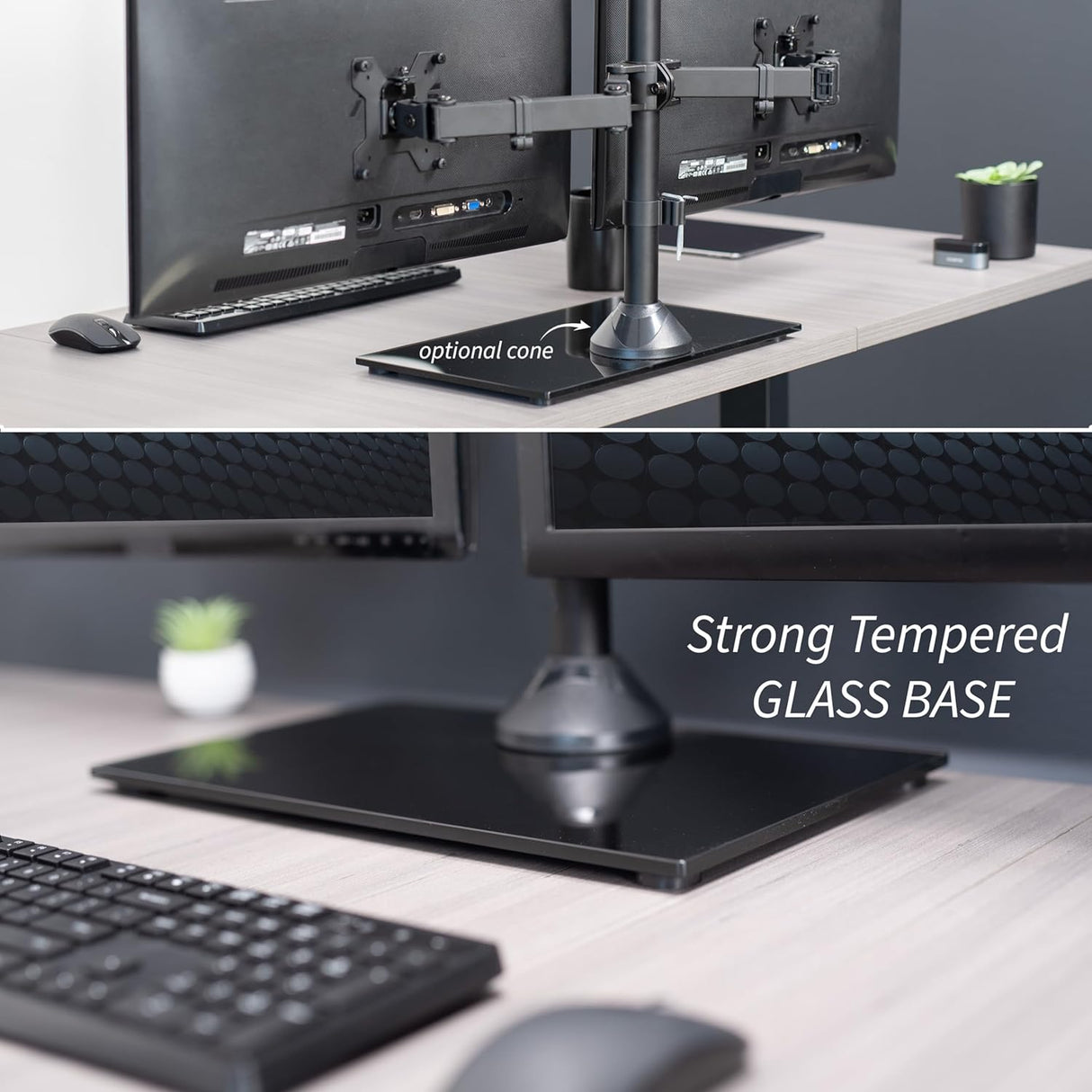 Soporte Doble para Monitores VIVO, Base de Vidrio, STAND-V002FG