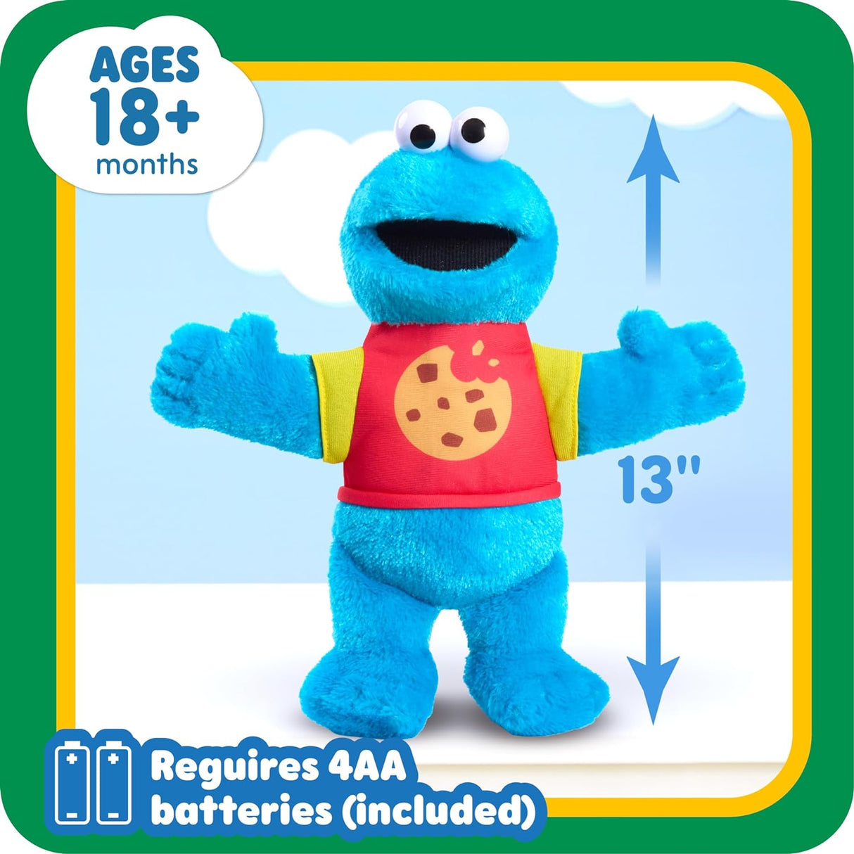 Peluche Cookie Monster 33 cm, Just Play, relleno reciclado, 18+ meses