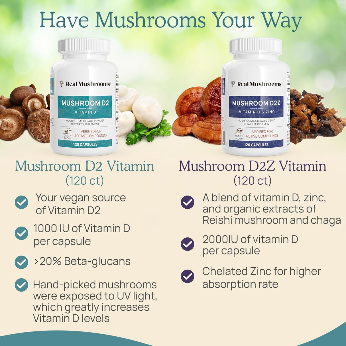 Suplemento Vegano de Vitamina D 1000 UI con Hongos Shiitake y Agaricus