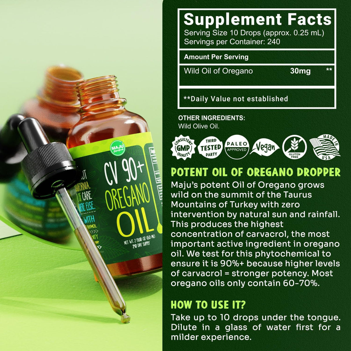 Suplemento  Gotas de aceite de orégano, potente 90%  2 oz