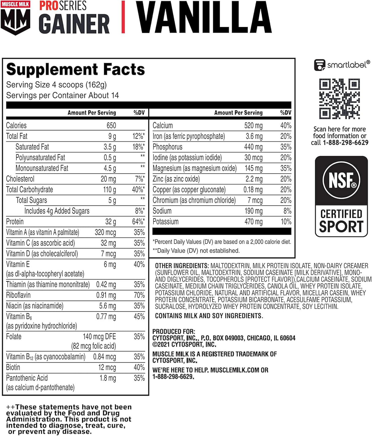 Proteína en polvo Muscle Milk Gainer, 32g, 5 lb