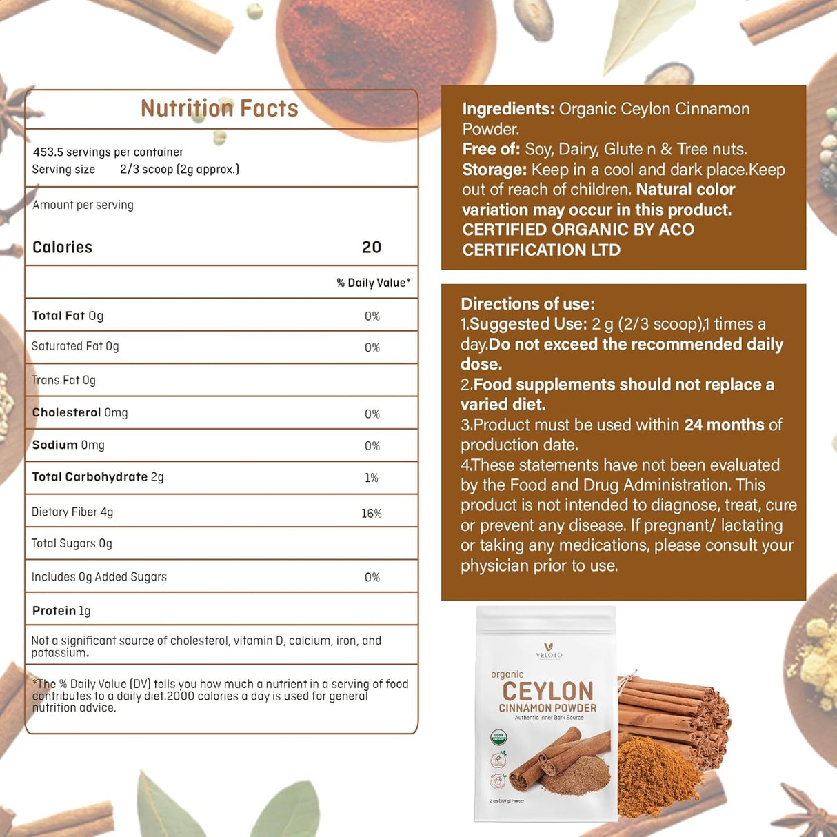 Canela de Ceilán Orgánica en Polvo 2lb - Certificada Kosher