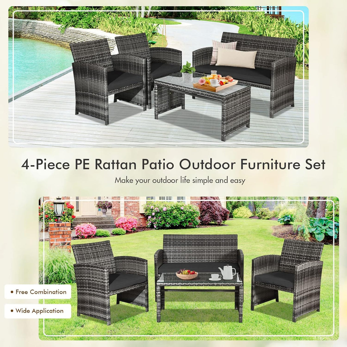 Goplus Juego de muebles de ratán de 4 piezas, sofá de conversación de mimbre para exteriores con cojines resistentes a la intemperie y mesa de vidrio templado para césped, patio, piscina, jardín (negro)
