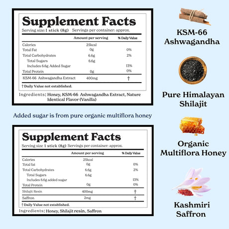 Barra de miel con Ashwagandha y Shilajit, 60 sticks, energía e inmunidad