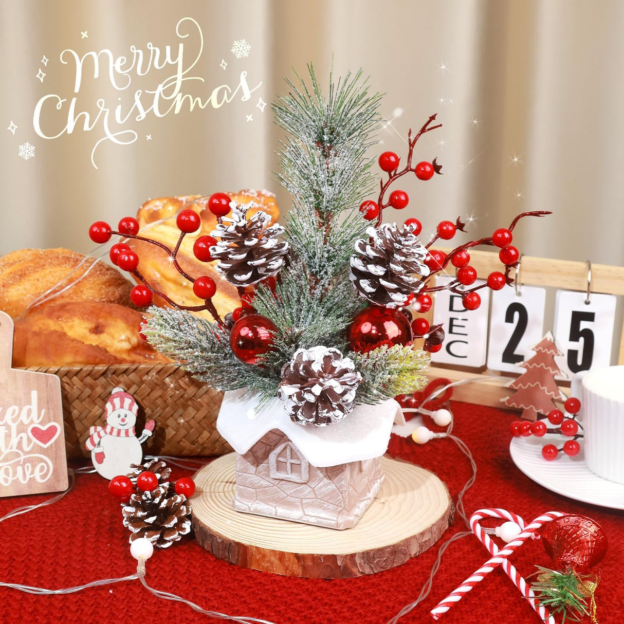 Árbol de Navidad Miniatura Decorativo con Adornos (Cabin-Snow)