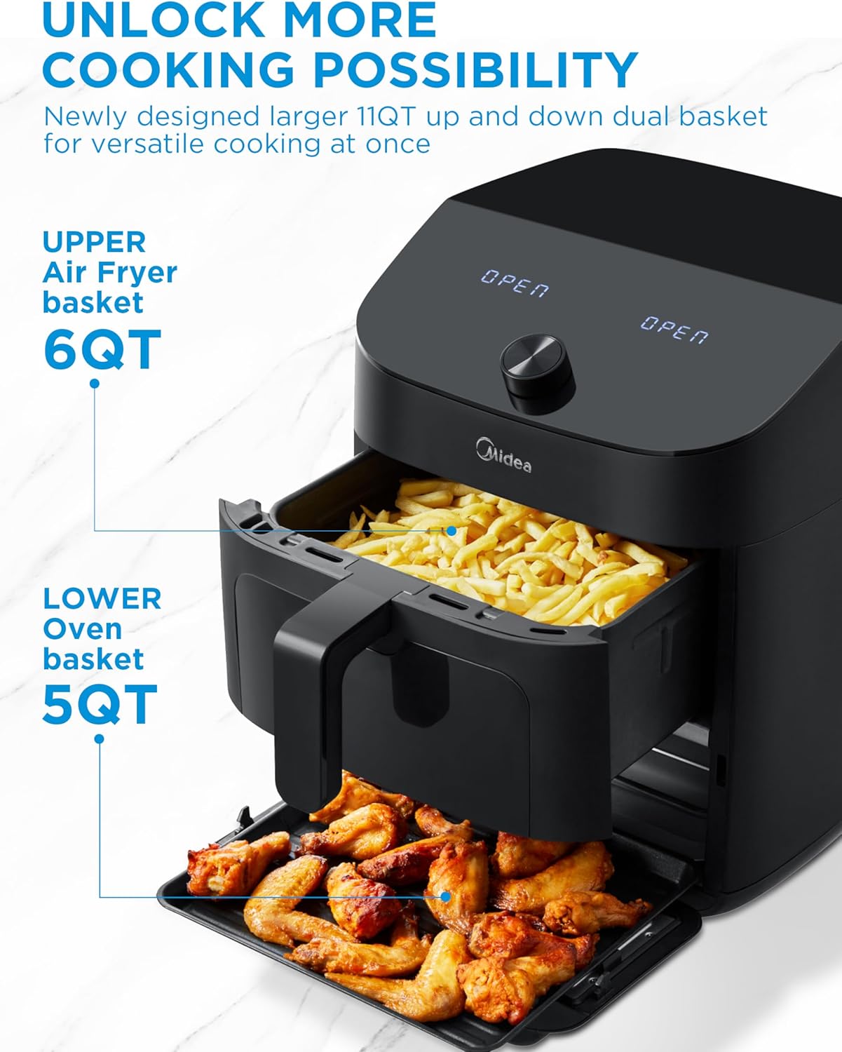 Freidora de aire Midea 11 QT, 8 en 1, Wi-Fi, Alexa, Recetas