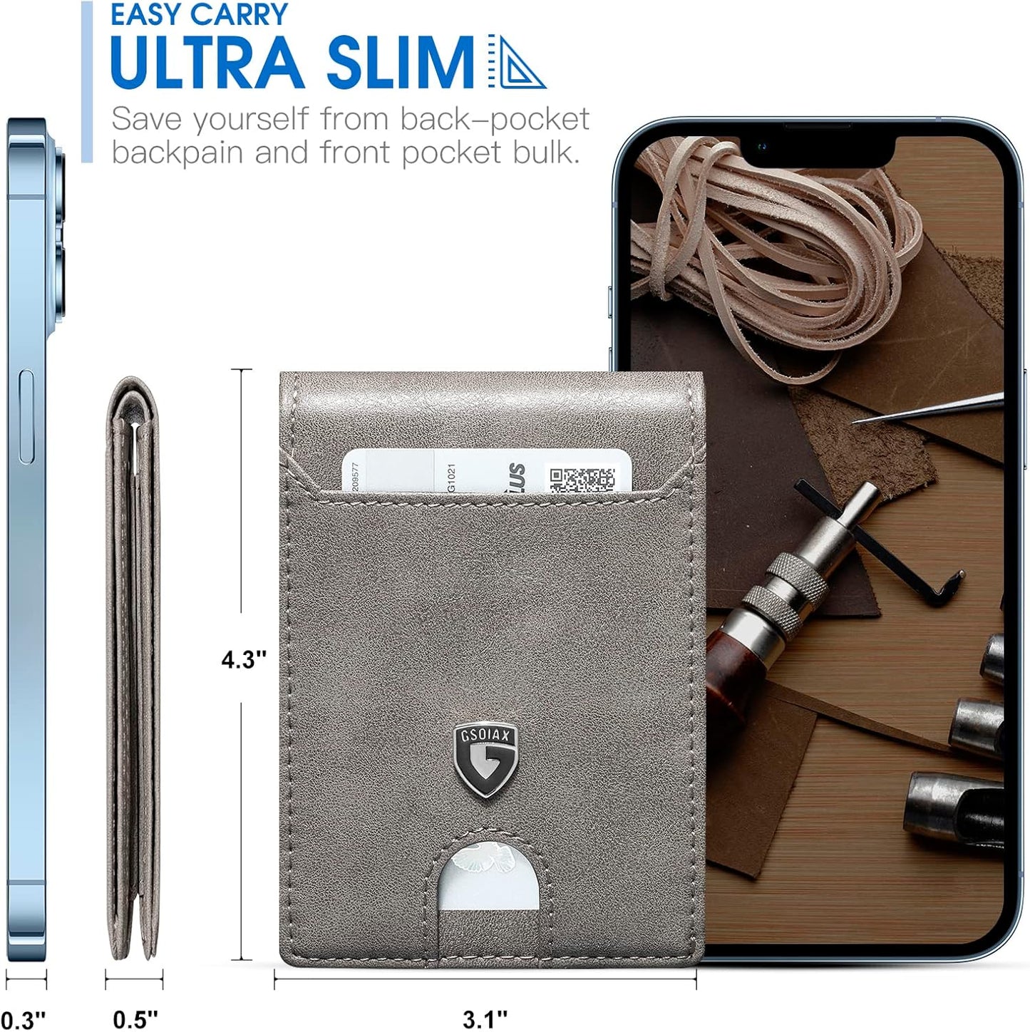 Billetera Slim GSOIAX para hombres, RFID, cuero genuino, bifold