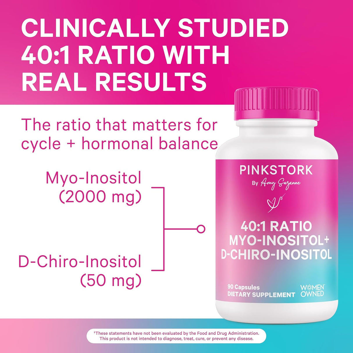 Suplemento Pink Stork Myo-Inositol & D-Chiro Inositol Hormonal 90 cápsulas