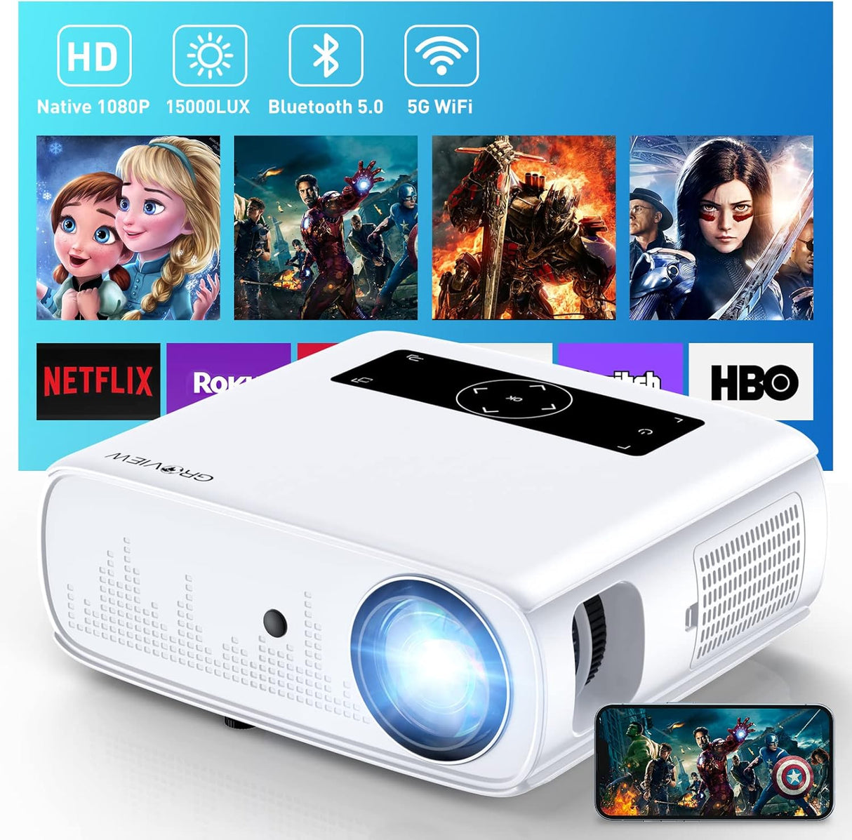 Proyector GROVIEW 15000lux 1080P WiFi Bluetooth, 490ANSI