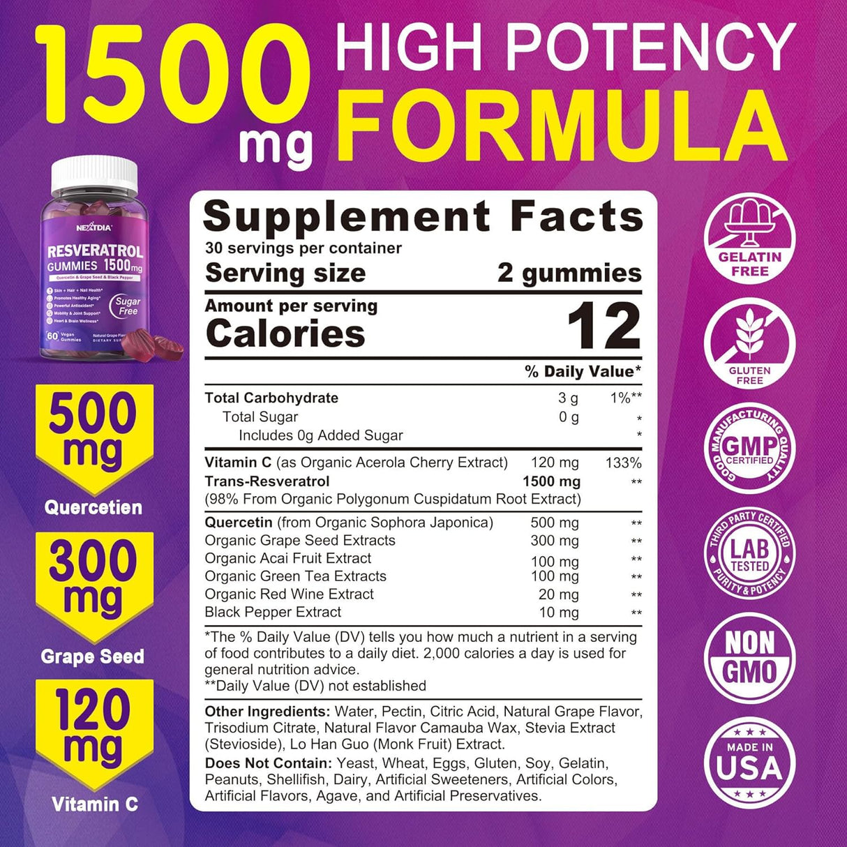 Suplemento Gomitas de resveratrol de 1500 mg  sin azúcar con quercetina