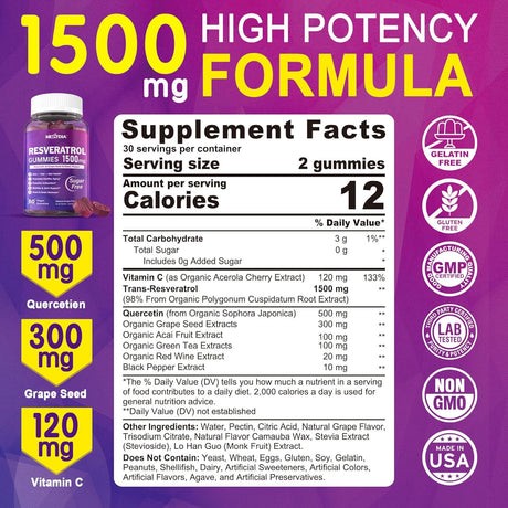 Suplemento Gomitas de resveratrol de 1500 mg  sin azúcar con quercetina