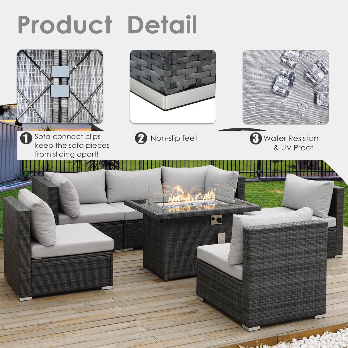 RADIATA Juego de muebles de mimbre de polietileno para patio, sofá seccional de respaldo alto, juegos de sofá de gran tamaño con mesa para fogata de propano, 55000 BTU, juegos de conversación de ratán para exteriores (7 piezas, gris claro)