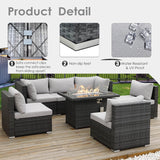 RADIATA Juego de muebles de mimbre de polietileno para patio, sofá seccional de respaldo alto, juegos de sofá de gran tamaño con mesa para fogata de propano, 55000 BTU, juegos de conversación de ratán para exteriores (7 piezas, gris claro)