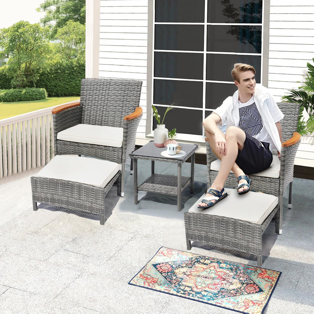 Juego de 5 muebles de patio al aire libre con mesa y otomana de ratán de polietileno para exteriores, juego de 2 sillas de jardín para exteriores, juegos de conversación para porche, balcón, piscina y terraza