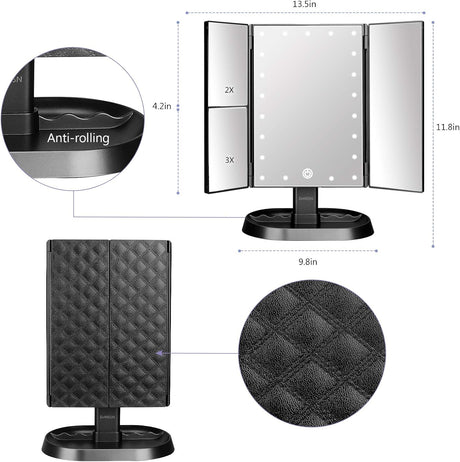 Espejo de maquillaje de tocador iluminado triple 21 luces