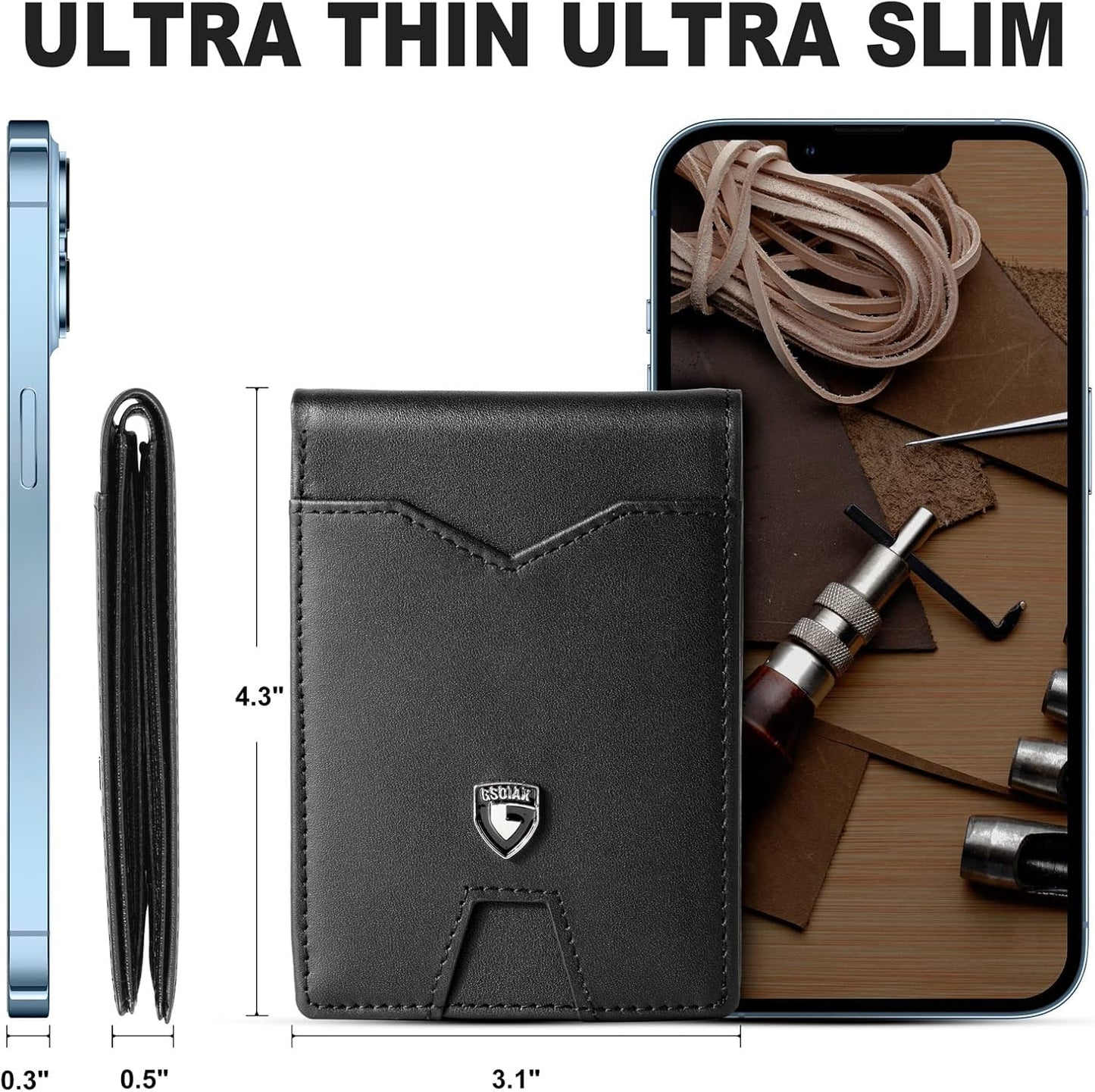 Billetera Slim GSOIAX para Hombre, Cuero, RFID, Bifold, Modelo GSOIAX