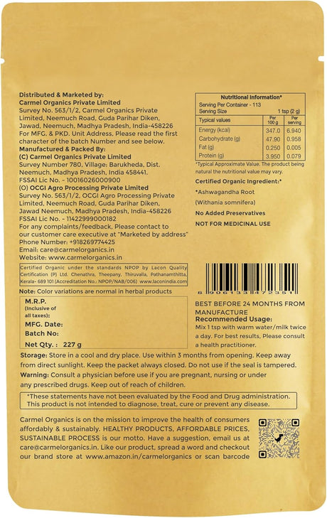 CARMEL ORGANICS Polvo de Raíz de Ashwagandha 227g Orgánico