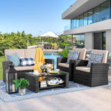 Shintenchi Juego de muebles de patio al aire libre de 4 piezas, sofá seccional de ratán de mimbre con mesa de centro de cristal | Negro
