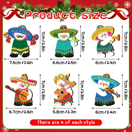 Adornos de Madera Mexicanos, Feliz Navidad, 24 Piezas, 6 Estilos