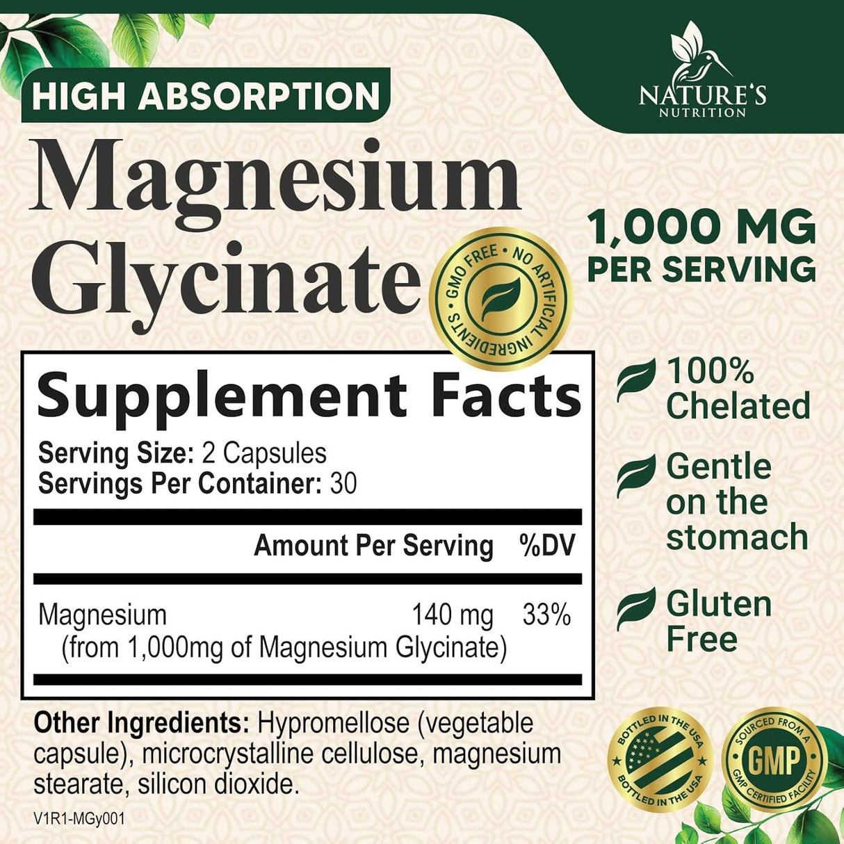 Magnesio Glicinato 1000mg, Apoyo para Huesos, Músculos, Nervios y Corazón, 60 Cápsulas