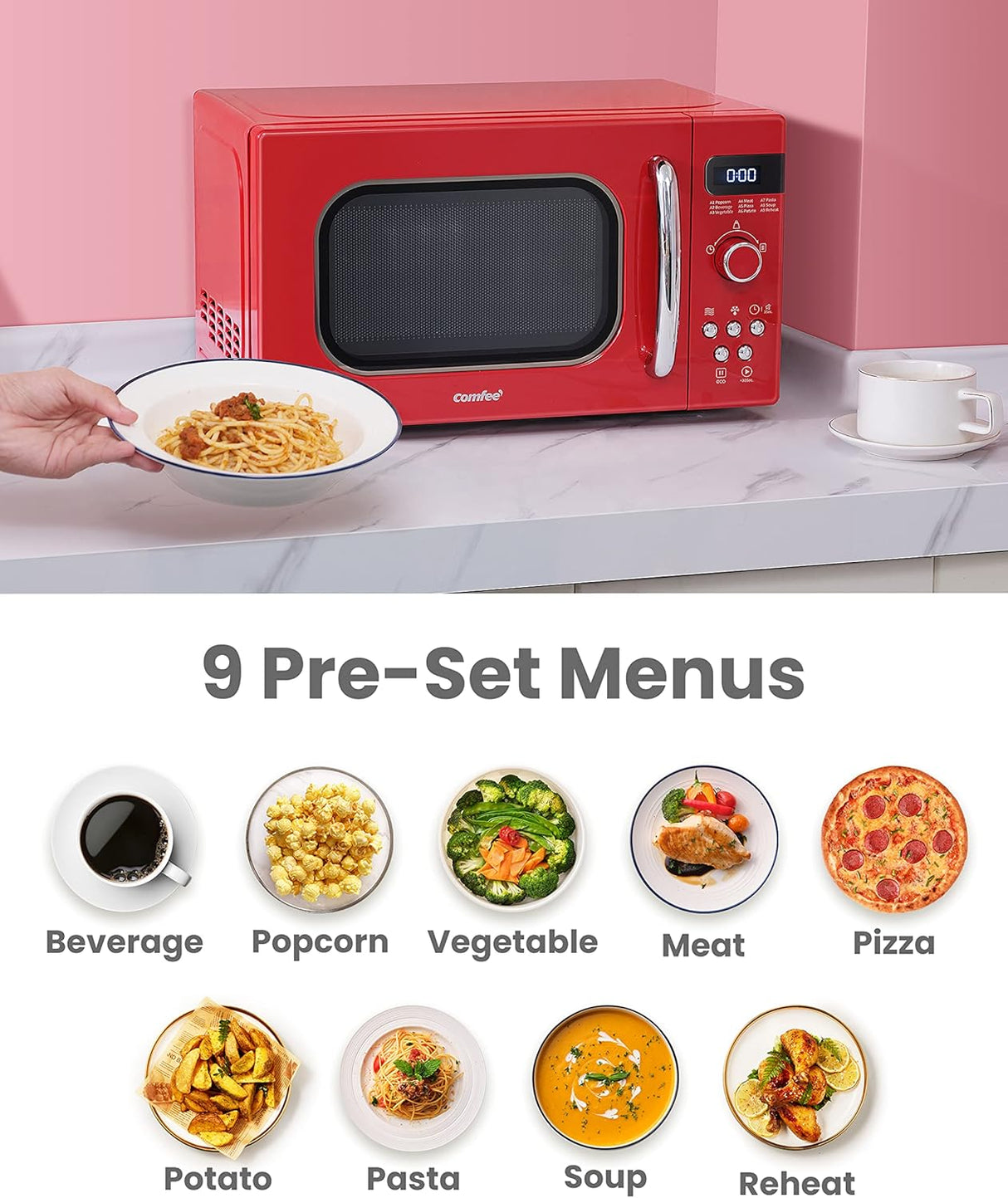 Microondas Retro COMFEE', 0.7 Cu Ft, 700W, 9 Menús, AM720C2RA-R