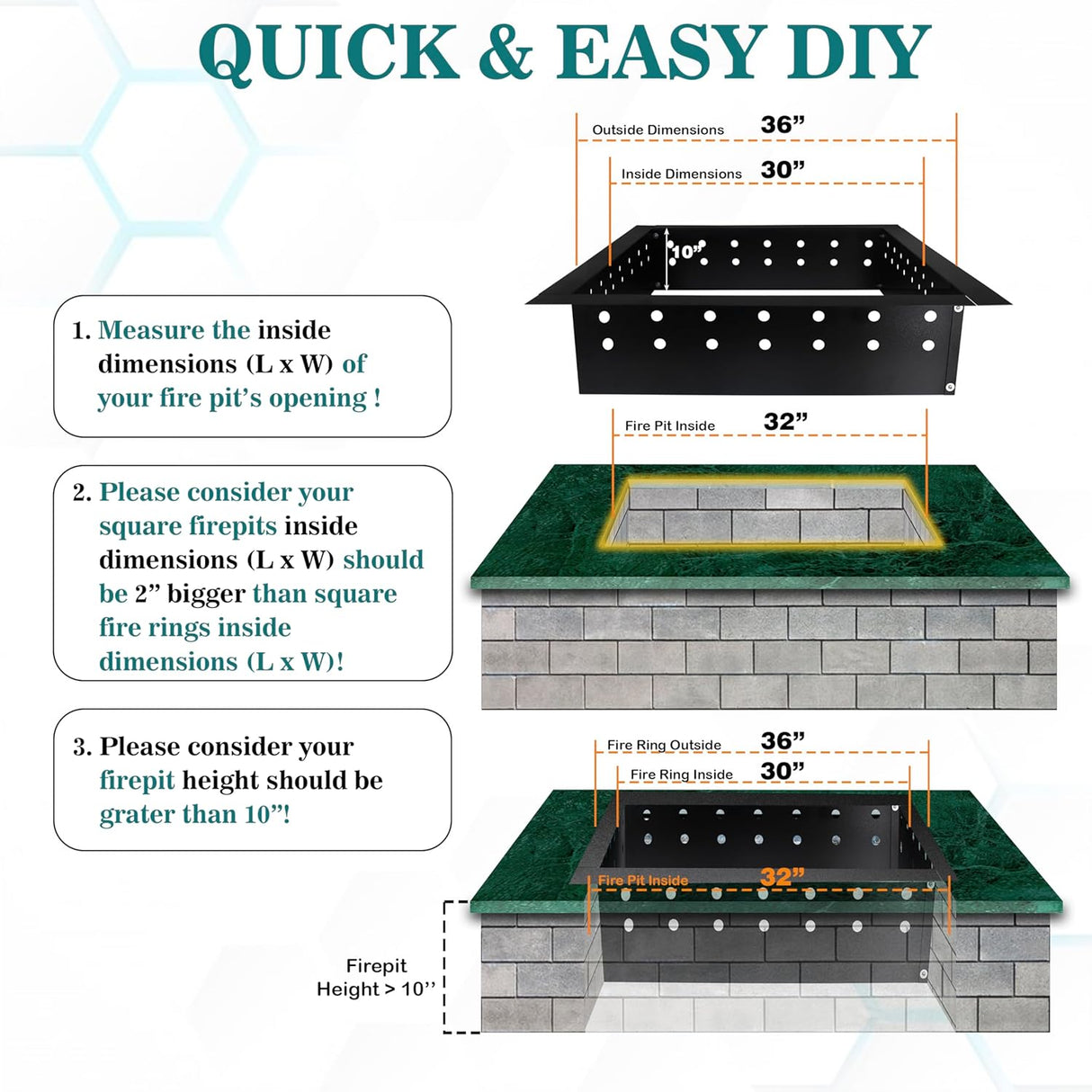 Anillo de fuego sin humo cuadrado - Acero al carbono 36" OD