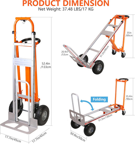 Carretilla Plegable 3 en 1, Capacidad 1000 lbs, Modelo Industrial