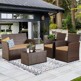 Seogwisam Juego de muebles de patio de 4 piezas, juegos de conversación de mimbre para exteriores, sofá seccional de ratán con mesa de café, cojines de asiento para patio trasero, porche, jardín,