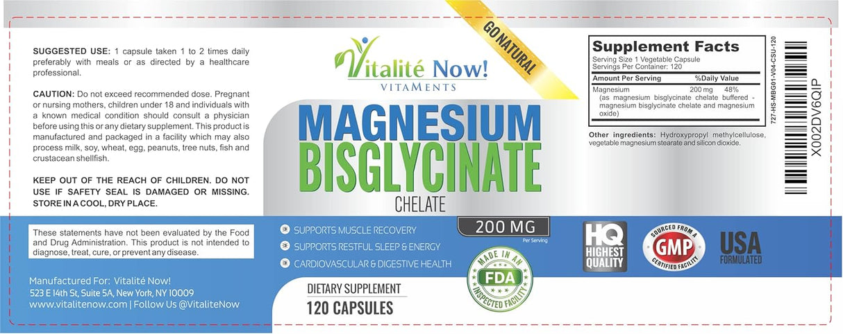 Magnesium Bisglycinato 200mg Chelado, Sin Laxantes, GMO