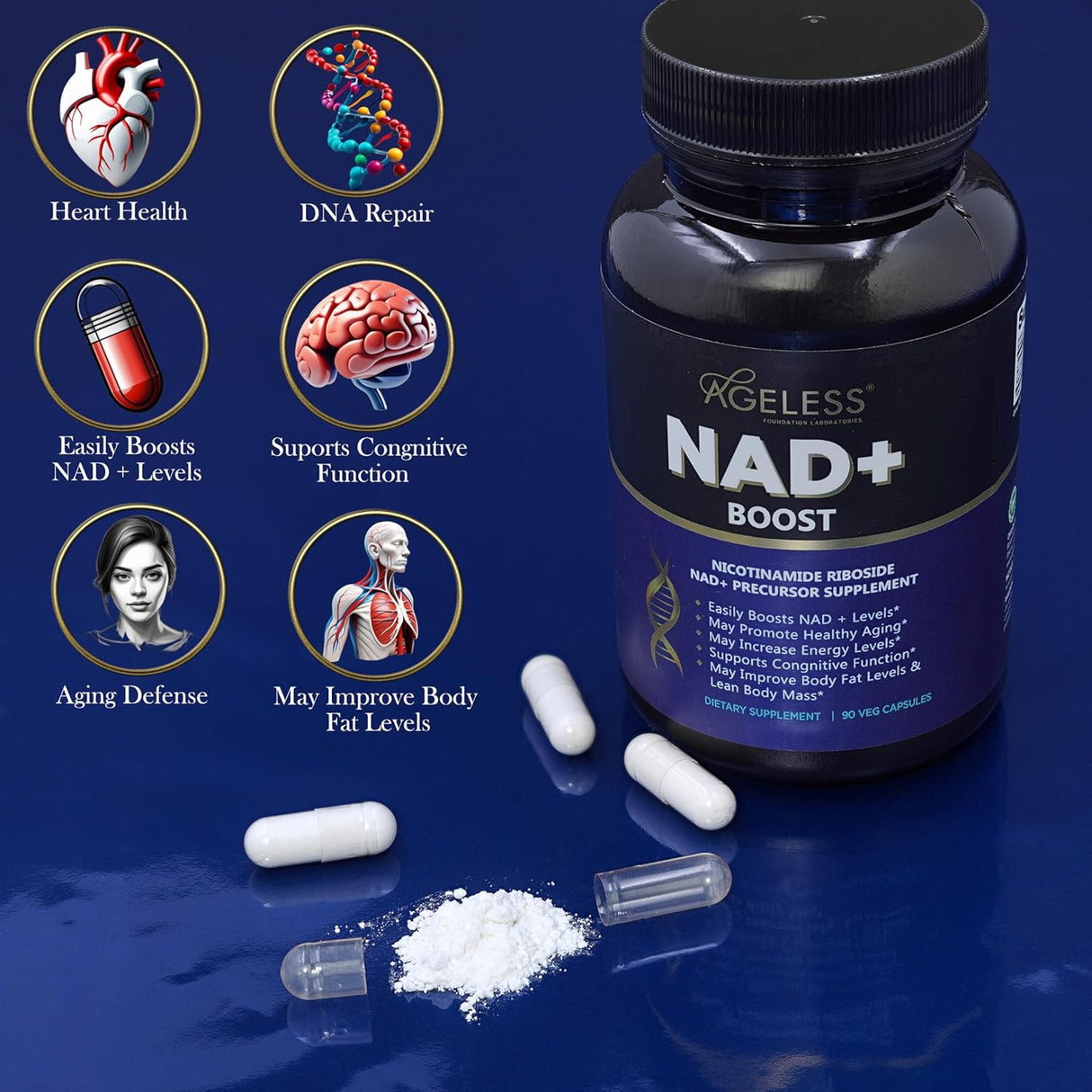 Suplemento de NAD+ Ageless - Ribósido de Nicotinamida 90 cps
