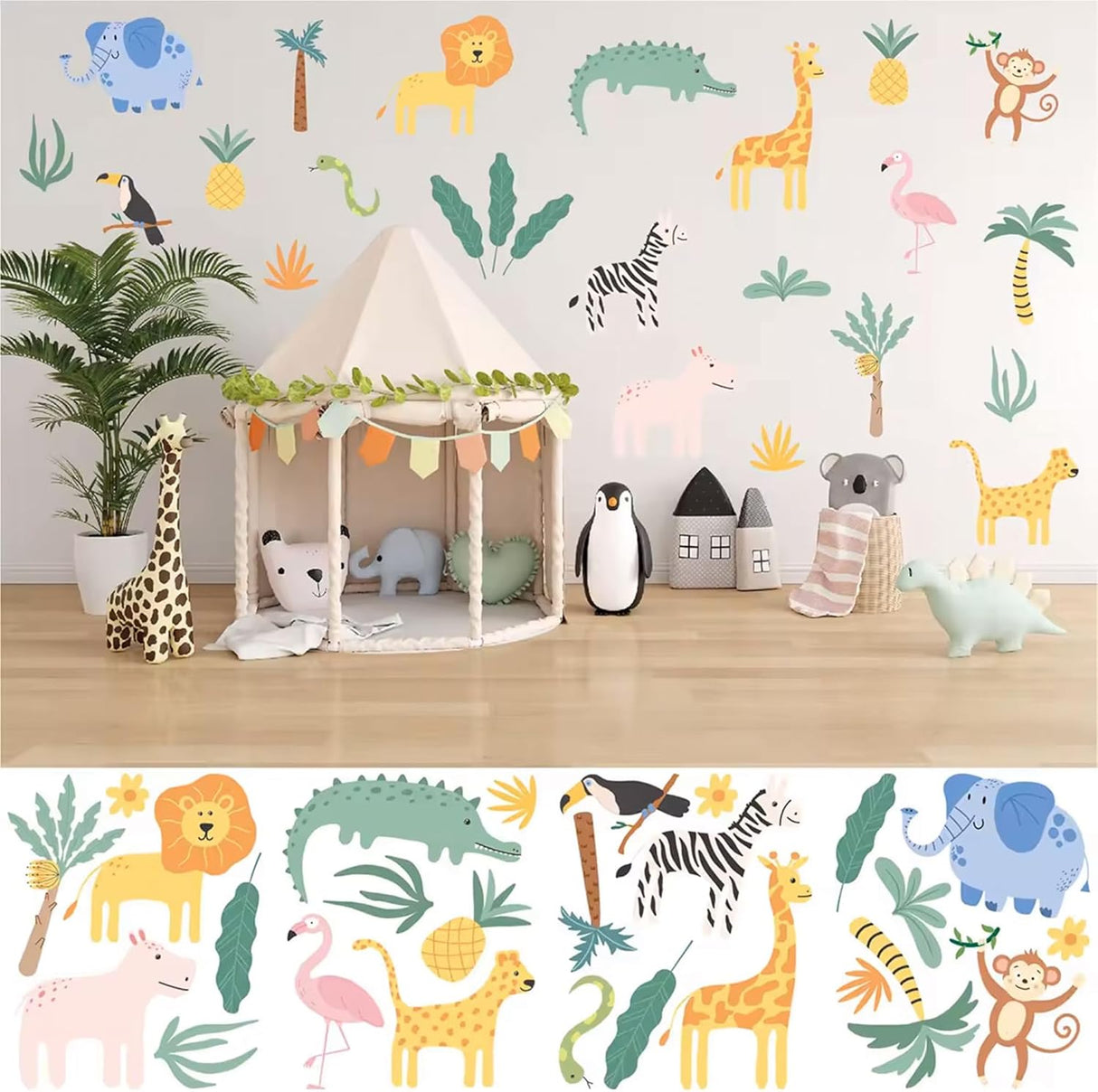 Adhesivos Pared Animales Safari, Decoración Infantil 4 Hojas