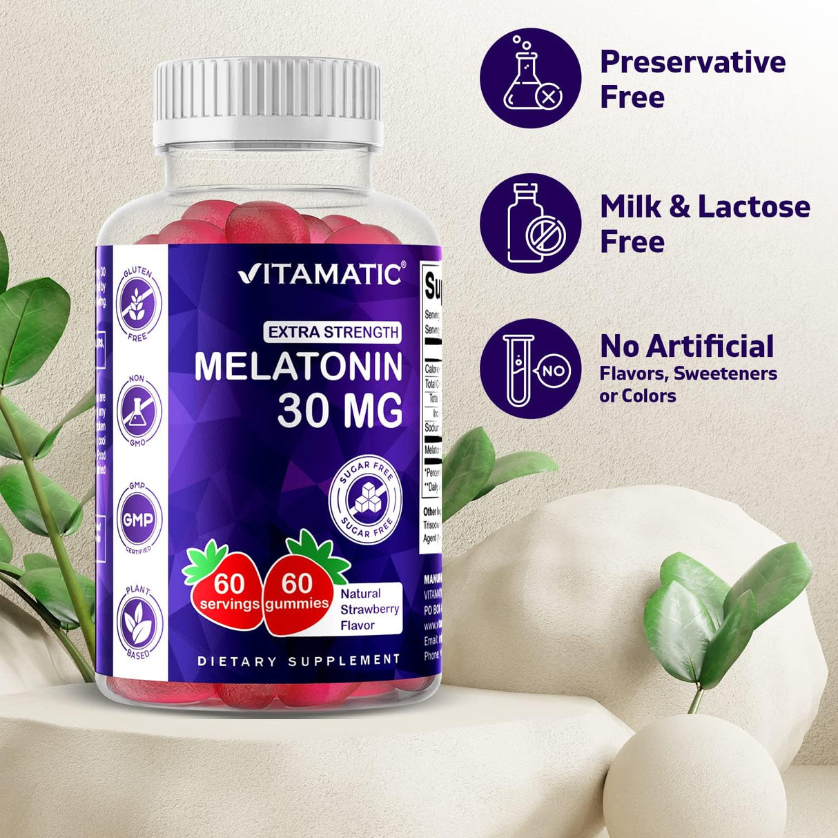 Vitamatic Melatonina sin azúcar, 30 mg por gomita, 60 porciones, 60 gomitas vegetarianas, suplemento que no forma hábito