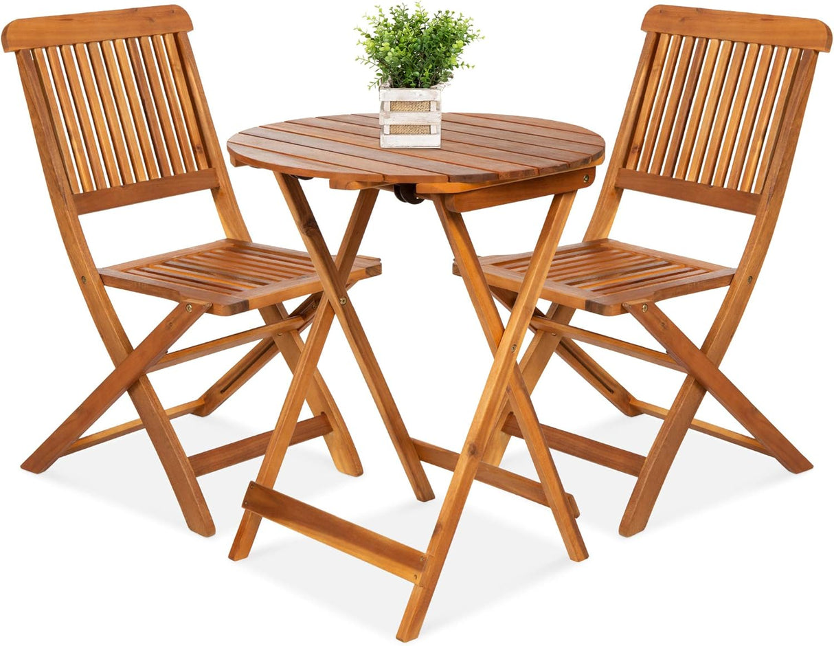 Best Choice Products - Juego de bistró de madera de acacia (3 piezas), muebles plegables adecuados para patio, jardín, balcón, terraza; incluye 2 sillas, mesa auxiliar redonda, terminación teca natural