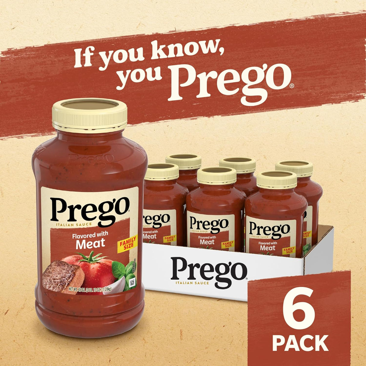 Prego Salsa italiana de pasta de tomate saborizada con carne, tarro de 45 onzas (caja de 6)