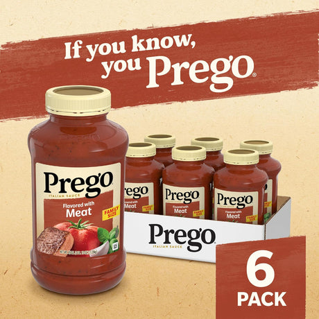 Prego Salsa italiana de pasta de tomate saborizada con carne, tarro de 45 onzas (caja de 6)