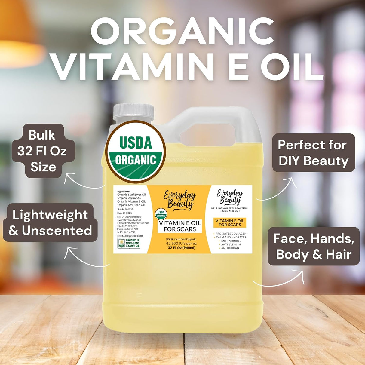Aceite de Vitamina E Orgánica USDA Cert. Para Cicatrices y Piel