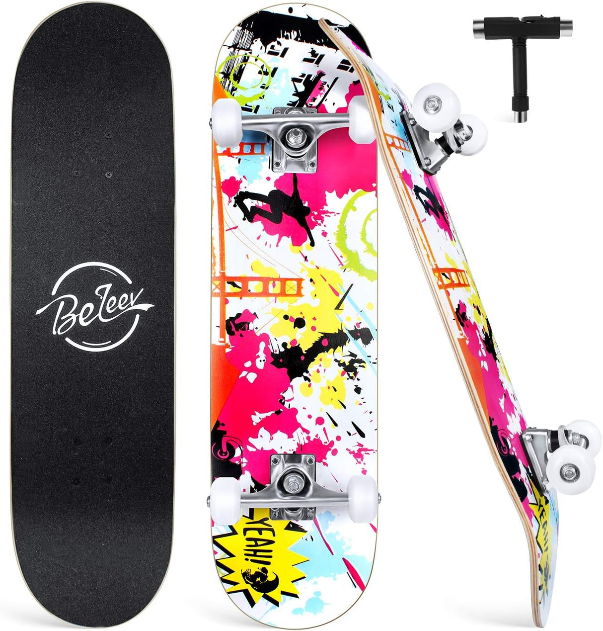 Patineta completa para principiantes, 31"x8", 7 capas, doble patada