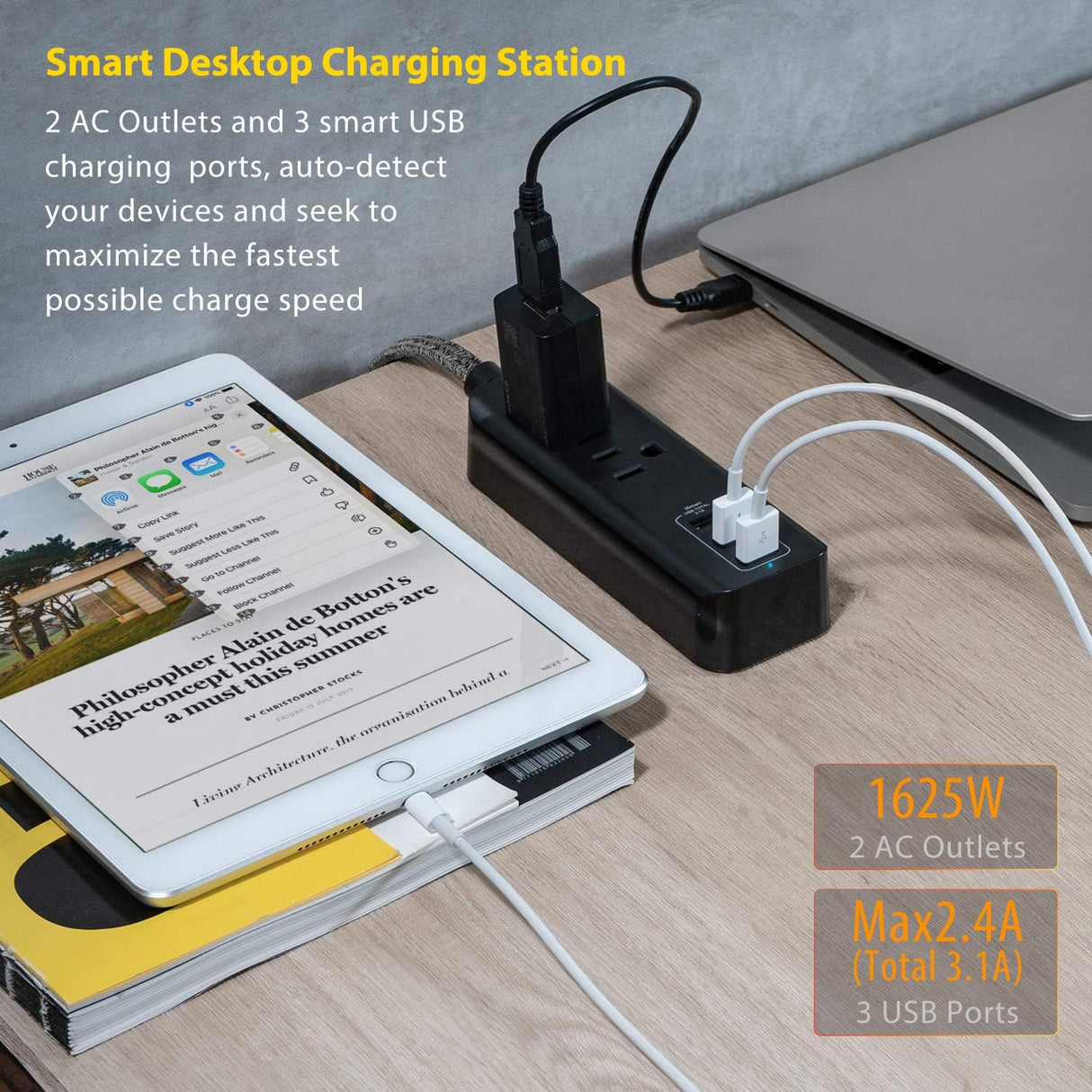 Caja de enchufes de viaje con 3 puertos USB de carga (3,1 A, 15 W) y 2 tomacorrientes, estación de carga de escritorio con cable de extensión trenzado de 5 pies, enchufe plano, portátil para hotel, crucero, hogar y oficina