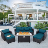 Muebles de patio para exteriores, 60000 BTU, juego de mesa para fogata de propano para exteriores, juego de muebles de patio de 45 pulgadas, 6 piezas, sofá de patio, sillas de exterior, cojines antideslizantes, fundas impermeables, color azul pavo real