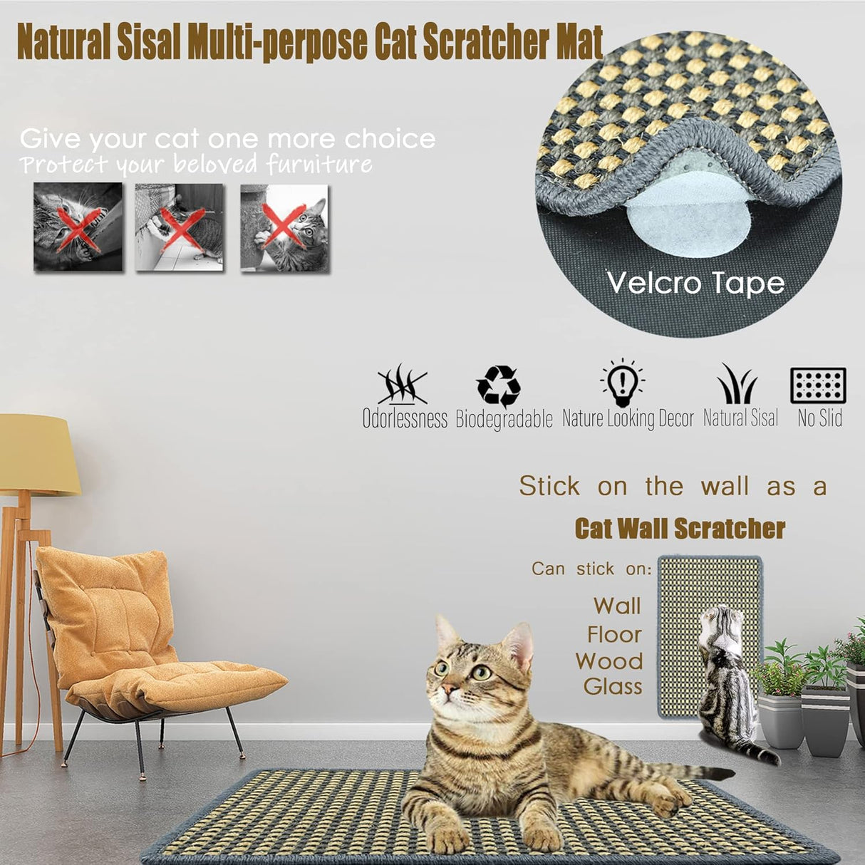 Rascador para gatos con cintas de velcro protegen alfombras
