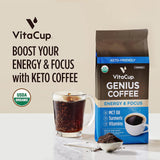 Vitacup Genius - Café molido con aceite MCT KETO, cúrcuma, canela y vitamina para energía, enfoque y dieta Keto, para cafeteras de filtro y prensa francesa
