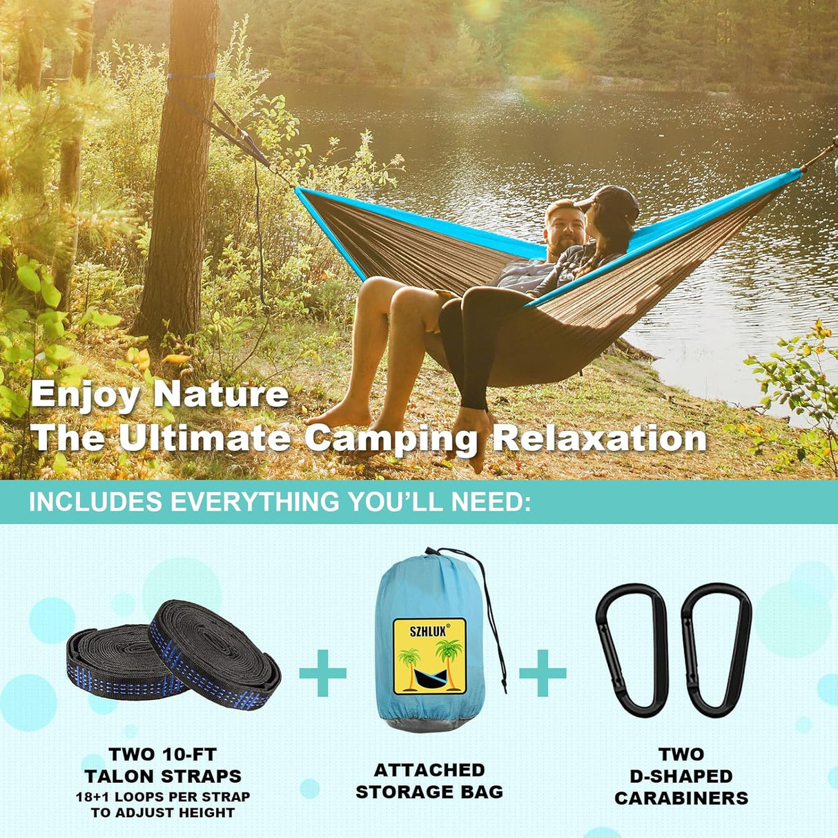 Hamaca de camping doble e individual SZHLUX, portátil, con correas