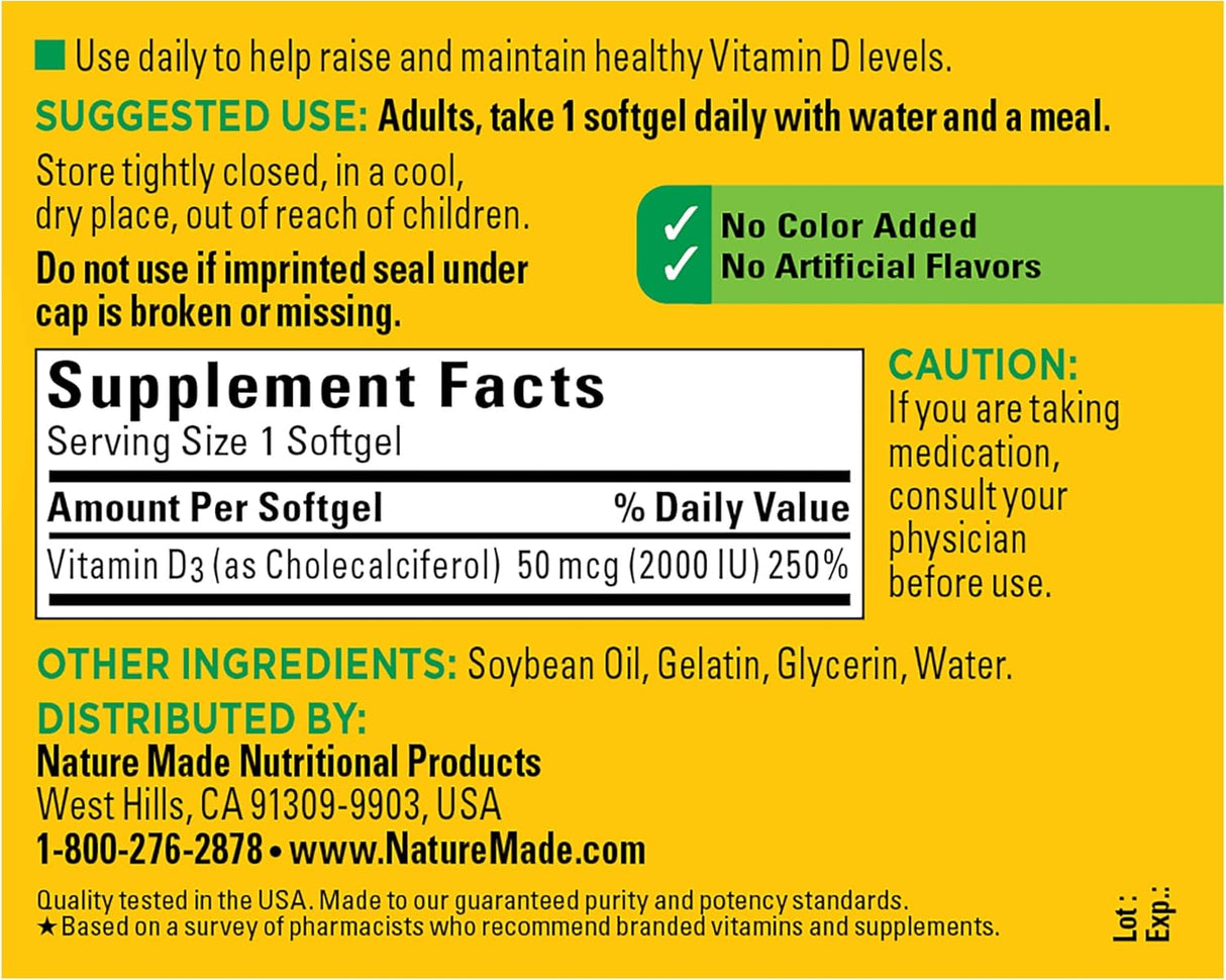 Suplemento de Vitamina D3 2000 IU Nature Made, 250 Gelatinas