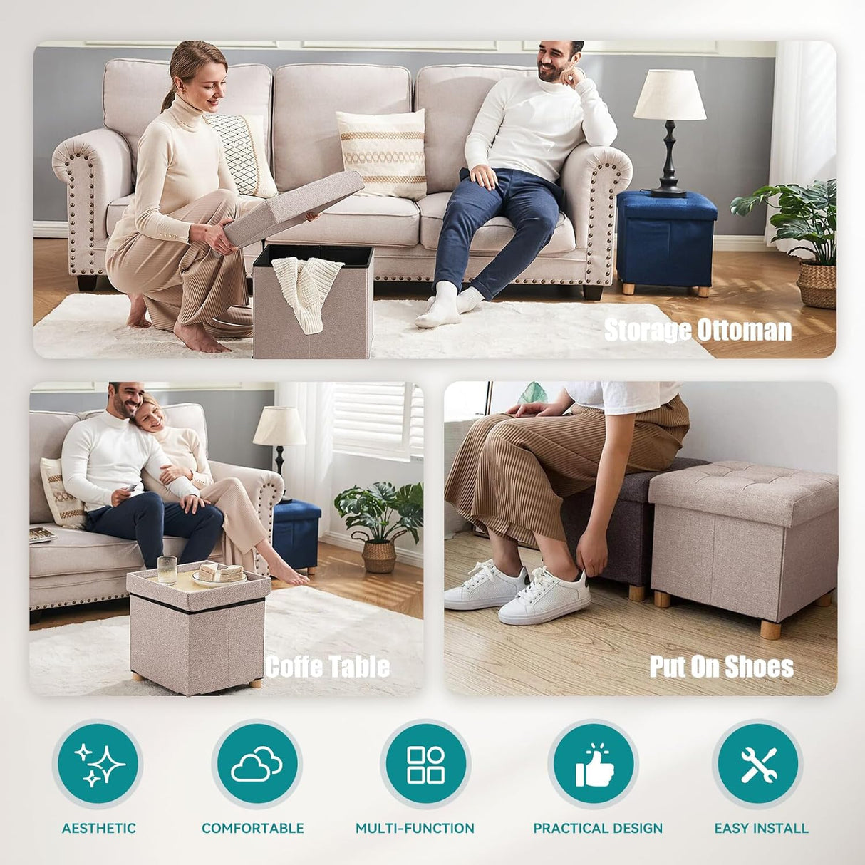Ottomán Pequeño Plegable con Almacenamiento y Patas de Madera